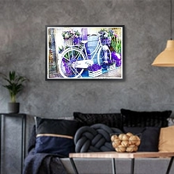 «Белый велосипед у цветочной лавки» в интерьере гостиной в стиле лофт в серых тонах