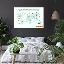 «Карта мира. Путешествия и туризм» в интерьере современной спальни с черными стенами