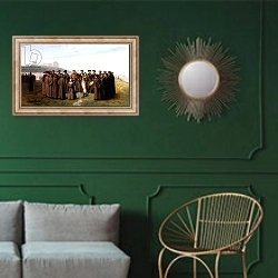 «Russian Soldiers Relaxing, 1855» в интерьере классической гостиной с зеленой стеной над диваном