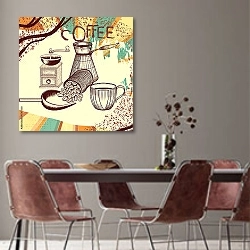 «Кофейный ретро-плакат с рисованной кофемолкой» в интерьере столовой с серыми стенами