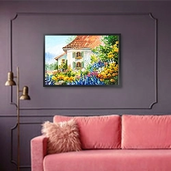 «Дом с цветником 2» в интерьере гостиной с розовым диваном