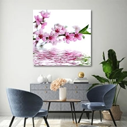 «Ветка цветущей вишни над водой» в интерьере современной гостиной над комодом