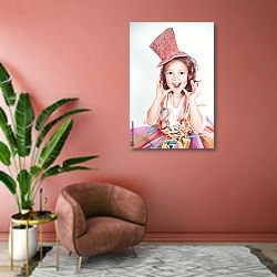 «Радостная маленькая девочка с розовой шляпке» в интерьере современной гостиной в розовых тонах