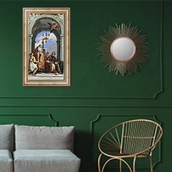 «Святые Максимус и Освальд» в интерьере классической гостиной с зеленой стеной над диваном