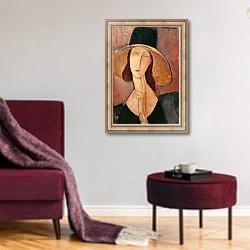 «Portrait of Jeanne Hebuterne in a large hat, c.1918-19» в интерьере гостиной в бордовых тонах