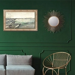 «Porpoises Chasing Mackerel» в интерьере классической гостиной с зеленой стеной над диваном