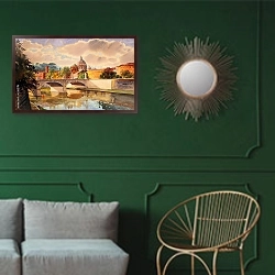 «Италия, Рим. Базилика Санти Пьетро и Тибра. » в интерьере классической гостиной с зеленой стеной над диваном