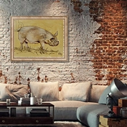 «Middlewhite pig, 2016» в интерьере гостиной в стиле лофт с кирпичной стеной