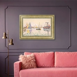 «Парусники в гавани Сабль д Олон» в интерьере гостиной с розовым диваном