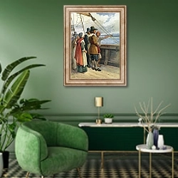«Illustration for the Young Pilgrims 4» в интерьере гостиной в зеленых тонах