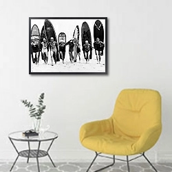 «История в черно-белых фото 1114» в интерьере комнаты в скандинавском стиле с желтым креслом