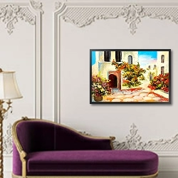 «Дом у моря с цветущими клумбами» в интерьере в классическом стиле над банкеткой