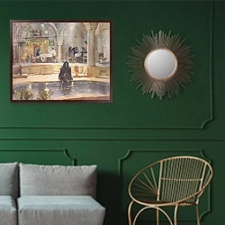 «In the Teahouse, Kerman» в интерьере классической гостиной с зеленой стеной над диваном