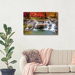 «Водопад в осеннем лесу 3» в интерьере современной светлой гостиной над диваном