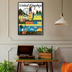«Англия, туристический плакат» в интерьере комнаты в стиле ретро с проигрывателем виниловых пластинок