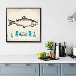 «Иллюстрация с рыбой» в интерьере кухни в голубых тонах