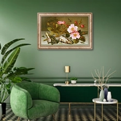 «Still life depicting flowers, shells and a dragonfly» в интерьере гостиной в зеленых тонах