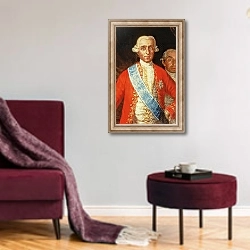 «Portrait of Don Jose Monino y Redondo I, Conde de Floridablanca, 1783 2» в интерьере гостиной в бордовых тонах