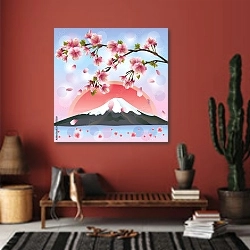 «Японский пейзаж с горами и сакурой» в интерьере прихожей в этническом стиле с красной стеной