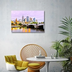 «Австралия, Мельбурн. Вид на город 2» в интерьере современной гостиной с желтым креслом