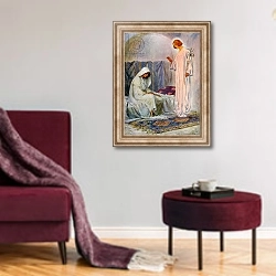 «The Annunciation 1» в интерьере гостиной в бордовых тонах