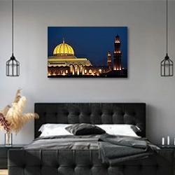 «Оман. Мечеть» в интерьере современной спальни с черной кроватью