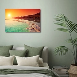 « Восход солнца над Мёртвым морем» в интерьере современной спальни в зеленых тонах