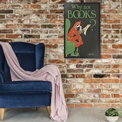 «Why not books» в интерьере в стиле лофт с кирпичной стеной и синим креслом