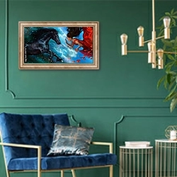 «Лошадь и девушка на фоне неба» в интерьере в классическом стиле с зеленой стеной