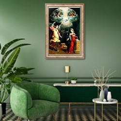 «The Annunciation 5» в интерьере гостиной в зеленых тонах