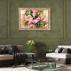 «Букет розовых цветов» в интерьере гостиной в оливковых тонах