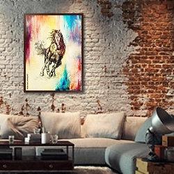 «Рисунок лошади» в интерьере гостиной в стиле лофт с кирпичной стеной