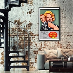 «Ретро-Реклама 272» в интерьере двухярусной гостиной в стиле лофт с кирпичной стеной