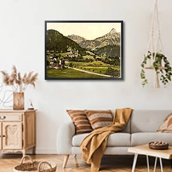 «Швейцария. Город Лез Аван, гора Dent de Jaman» в интерьере гостиной в стиле ретро над диваном