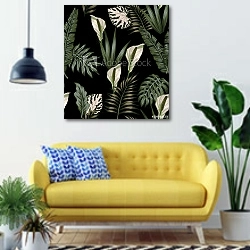 «Тропические белые цветы и листья на черном фоне» в интерьере современной гостиной с желтым диваном
