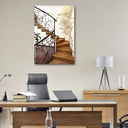 «Отделка лестницы с декоративными перилами мозаичной плиткой » в интерьере кабинета директора над столом