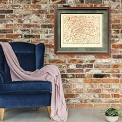 «Карта Рима, конец 19 в. 1» в интерьере в стиле лофт с кирпичной стеной и синим креслом