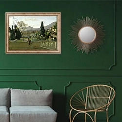 «The Gardens of the Villa d'Este, Tivoli, 1843» в интерьере классической гостиной с зеленой стеной над диваном