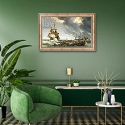 «Storm at Sea 3» в интерьере гостиной в зеленых тонах