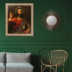 «Christ Saviour, c.1570» в интерьере классической гостиной с зеленой стеной над диваном