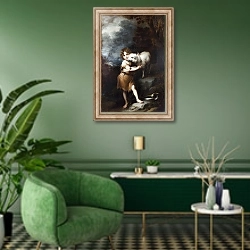 «Младенец Святой Джон и ягненок» в интерьере гостиной в зеленых тонах