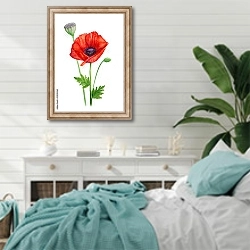 «Красный цветок мака на стебле » в интерьере спальни в стиле прованс с голубыми деталями