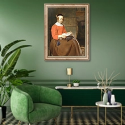 «A young woman seated in an interior, reading a letter» в интерьере гостиной в зеленых тонах