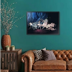 «The Young Bride and her friends, from 'Bluebeard' by Charles Perrault» в интерьере гостиной с зеленой стеной над диваном