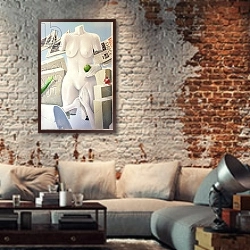 «Lust, Legal Consequences of 11th Commandment» в интерьере гостиной в стиле лофт с кирпичной стеной