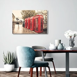 «Англия, Лондон. Красные телефонные будки в дождь» в интерьере современной кухни над обеденным столом