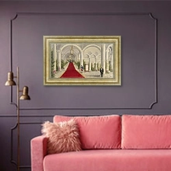 «Императорская чета на парадной лестнице замка Компьен» в интерьере гостиной с розовым диваном