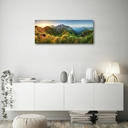 «Италия, Альпы. Панорама в Доломитах, Passo Giau» в интерьере стильной минималистичной гостиной в белом цвете
