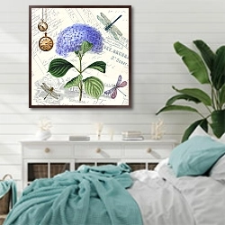 «Винтажный коллаж с цветами и стрекозами» в интерьере спальни в стиле прованс с голубыми деталями