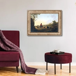 «Landscape with cattle driver and shepherd» в интерьере гостиной в бордовых тонах